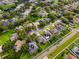 Aerial view showcasing neighborhood with green lawns, mature trees, and swimming pools at 2808 Abbey Grove Dr, Valrico, FL 33594