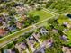 Aerial view of a residential neighborhood featuring landscaped properties, mature trees, and community park at 2808 Abbey Grove Dr, Valrico, FL 33594