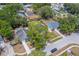 Aerial view displays the backyard of the home and neighborhood, surrounded by trees at 3852 Berkshire Ct, Palm Harbor, FL 34684