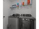 Modern laundry room featuring sleek, front-loading washer and dryer set with convenient storage shelving at 710 W River Heights Ave, Tampa, FL 33603