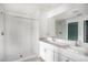 Modern bathroom featuring a dual sink vanity, walk-in shower, and subway tile at 11257 Linden Depot Rd, San Antonio, FL 33576