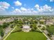 Aerial view showcasing a spacious community park with a gazebo, playground, and picnic areas amidst a residential neighborhood at 13311 Orca Sound Dr, Riverview, FL 33579