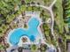 Overhead photo of a uniquely designed community pool with lounge areas, surrounded by tropical landscaping at 32713 Brooks Hawk Ln, Wesley Chapel, FL 33543