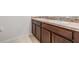 Bathroom featuring double sink vanity with dark wood cabinets and neutral countertops at 32713 Brooks Hawk Ln, Wesley Chapel, FL 33543