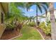 Landscaped backyard with lush tropical plants and palm trees on a sunny day at 4410 Foxboro Dr, New Port Richey, FL 34653