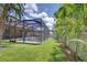 Landscaped backyard showcasing a screened-in pool and patio area, complete with green turf and decorative plants at 11205 Lark Landing Ct, Riverview, FL 33569