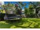 Backyard featuring a large trampoline with a basketball hoop, surrounded by lush green turf at 1207 S Druid Ln, Tampa, FL 33629