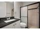 Bathroom features a tiled glass shower and vanity with black countertop at 12256 Creek Preserve Dr, Riverview, FL 33579