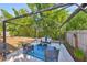 Relaxing backyard patio with pergola, outdoor seating and mature landscaping at 1727 New Hampshire Ne Ave, St Petersburg, FL 33703