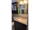 Bathroom showcasing a black vanity with pink marble countertop and a matching medicine cabinet at 2035 Erin Dr, Holiday, FL 34690