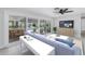 Living room with a comfortable blue sofa and sliding glass doors that lead to a screened-in patio at 2146 Egret Drive, Clearwater, FL 33764