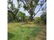 Expansive grassy backyard featuring mature trees, lush landscaping, and a charming outdoor seating area at 1412 Sunset Ln, Lutz, FL 33549