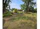 Spacious backyard with a wooden deck and mature trees, perfect for outdoor entertaining at 1412 Sunset Ln, Lutz, FL 33549
