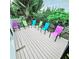 Outdoor deck with colorful seating, surrounded by lush tropical foliage at 1415 Beach Club, Apollo Beach, FL 33572