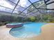 The screened-in pool and spa area features a unique tile design and lush landscaping at 232 Pinecrest Dr, Palm Harbor, FL 34683