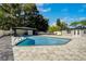 Backyard with a sparkling pool, cabana, and extended patio, perfect for relaxing and enjoying the outdoors at 2679 Haines Bayshore Rd, Clearwater, FL 33760