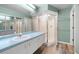 This bathroom features an extended vanity, a walk-in shower, and wood look floors at 3066 Landmark Blvd # 1305, Palm Harbor, FL 34684