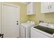 Laundry room features a white washer and dryer set, cabinets, and door to the outside at 4519 Swallowtail Dr, New Port Richey, FL 34653