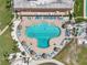 Aerial view of clover-shaped pool with multiple lounge areas and tiki huts surrounded by palm trees and tropical landscaping at 4900 Brittany S Dr # 805, St Petersburg, FL 33715