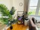 Bright living room featuring a stylish bookcase, indoor plants, and ample natural light from a large window at 701 S Madison Ave # 414, Clearwater, FL 33756