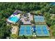 Aerial view of community pool, clubhouse, and tennis courts surrounded by lush greenery at 9503 W. Park Village Dr, Tampa, FL 33626