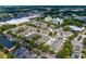 Community aerial view showcasing townhomes, landscaping, pool, parking, and nearby businesses at 1051 Andrew Aviles Cir, Tampa, FL 33619