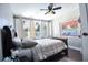 Comfortable bedroom featuring large windows for natural light, a ceiling fan, and hardwood floors at 1438 S Hillcrest Ave, Clearwater, FL 33756