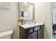 A charming powder room with a dark vanity and decorative mirror at 1796 Tonka Ter, Wesley Chapel, FL 33543
