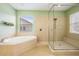 Bathroom showcasing a large shower, separate soaking tub, and natural light through a window at 4094 Windcrest Dr, Wesley Chapel, FL 33544