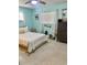 Cozy bedroom featuring bright blue walls, a ceiling fan, and a decorative seashell mirror at 5645 97Th N Way, St Petersburg, FL 33708