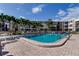 Community pool is surrounded by lounge chairs and palm trees set against the condo building on a sunny day at 7425 Bay Island S Dr # 203, South Pasadena, FL 33707