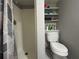 This renovated bathroom includes a stand up shower, toilet, and storage shelves at 943 7Th N St, St Petersburg, FL 33701
