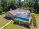 Aerial view of a screened pool and backyard with a covered lanai in a beautiful rural setting at 11120 Lu Wista Ln, Brooksville, FL 34601