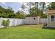 Fenced backyard with a storage shed, lush green grass, and mature trees providing shade and privacy at 12606 Rain Forest St, Temple Terrace, FL 33617