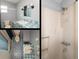 A vintage bathroom showcases a blue and white tiled countertop, alongside a shower stall with retro fixtures at 1310 Hilton Pl, Tampa, FL 33604