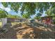 Expansive backyard featuring mature trees, a shed, and plenty of space for outdoor activities at 1341 Sandy Ln, Clearwater, FL 33755