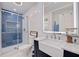 Chic bathroom features a farmhouse sink, sleek fixtures, blue tiled shower, and bright modern design at 300 10Th Ave, Indian Rocks Beach, FL 33785