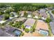 A wide aerial view of the home with a screened pool and other homes in a mature, planned community at 3300 Stonegate Falls Dr, Land O Lakes, FL 34638