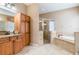 Elegant bathroom featuring a spacious vanity, walk-in shower, and separate soaking tub at 3300 Stonegate Falls Dr, Land O Lakes, FL 34638
