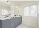 Bright bathroom features double sinks, modern gray cabinetry, and mosaic-tiled flooring at 53 Albemarle Ave, Tampa, FL 33606