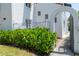Close up shot of home's side entrance with a white archway and dark metal fencing, surrounded by lush greenery at 53 Albemarle Ave, Tampa, FL 33606