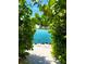 Picturesque view of the beach framed by lush greenery and foliage at 7150 Sunset Way # 405, St Pete Beach, FL 33706