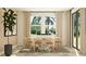 Elegant dining room with a modern table, stylish chairs, and ample natural light for gatherings at 9582 Runaway Breeze Dr, Land O Lakes, FL 34637