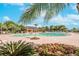 Community pool view featuring a brick patio, well-manicured landscaping, and a covered lounge area at 14233 Edinburgh Moor Dr, Wimauma, FL 33598
