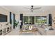 Inviting living room with a comfortable sofa, stylish decor, and a view of the pool at 1738 Longliner Loop, Wesley Chapel, FL 33543