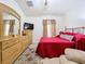 Cozy bedroom with a dresser, large mirror, and red comforter on the bed at 24305 Denali Ct, Lutz, FL 33559