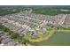 Well-planned community aerial view featuring modern homes with pools and lush greenery, close to a serene lake and natural landscapes at 30214 Skylark Dr, Wesley Chapel, FL 33545