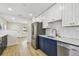 Modern kitchen with stainless steel appliances, granite counters, and blue and white cabinets at 3535 16Th N St, St Petersburg, FL 33704