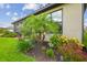 Exterior view of the backyard with a palm tree and colorful flower beds at 4165 San Severo Rd, Wesley Chapel, FL 33543
