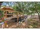 Backyard features an above ground pool, and a thatched umbrella at 4522 5Th St, Zephyrhills, FL 33542